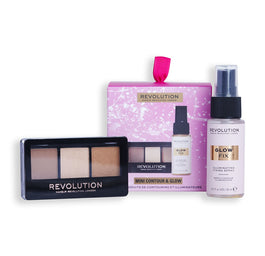 Makeup Revolution Mini Contour & Glow zestaw rozświetlający spray utrwalający 30ml + paletka do konturowania twarzy 3x1.05g