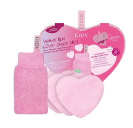 Glov Velvet Lips & Ever Clear Skin zestaw rękawica do peelingu ust + wielorazowe płatki kosmetyczne w kształcie serca