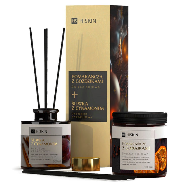 HiSkin Zestaw dyfuzor zapachowy Śliwka z Cynamonem 100ml + świeca sojowa Pomarańcza z Goździkami 100ml