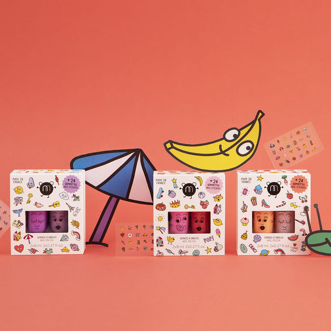 Nailmatic Pop Set zestaw lakierów do paznokci Dolly 8ml + Kitty 8ml + naklejki na paznokcie 24szt
