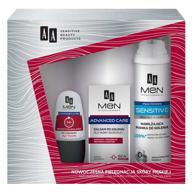 AA Men Advanced Care zestaw pianka do golenia nawilżająca dla skóry bardzo wrażliwej Sensitive 250ml + balsam po goleniu dla skóry dojrzałej 100ml + antyperspirant w kulce Action 50ml