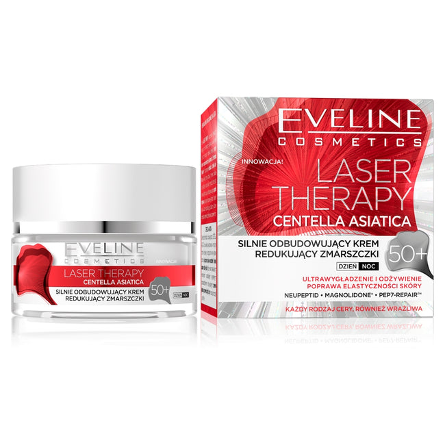 Eveline Cosmetics Laser Therapy Centella Asiatica 50+ silnie odbudowujący krem redukujący zmarszczki na dzień i na noc 50ml