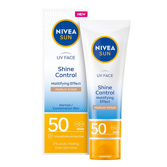 Nivea Sun UV Face Shine Control matujący krem do twarzy z wysoką ochroną SPF50 Medium Tinted 50ml