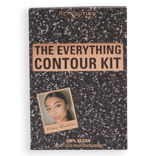 Makeup Revolution The Everything Contour Kit zestaw Baking Powder puder sypki Banana 32g + Ultra Cream Contour Palette paletka rozświetlaczy i bronzerów 13g + Double Ended Contour Brush dwustronny pędzel do konturowania