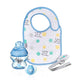 Tommee Tippee Baby Gifts zestaw butelka 150ml + smoczek do butelki 0m + smoczek Any Time 0-6m + śliniak + zawieszka do smoczka