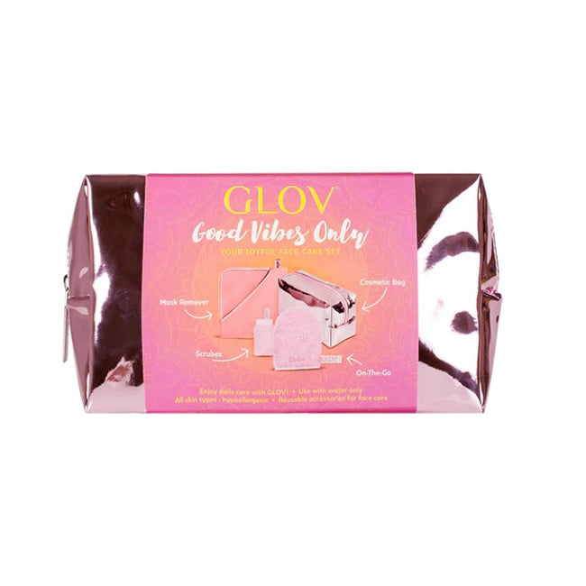 Glov Good Vibes Only zestaw Scrubex peeling do ust + On-The-Go rękawiczka do demakijażu + Mask Remover do usuwania pozostałości masek + kosmetyczka