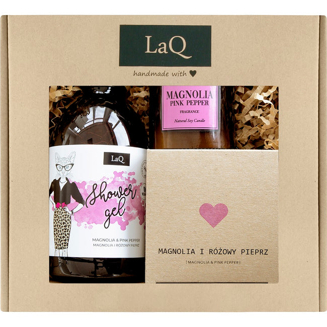LaQ Kicia Magnolia zestaw żel pod prysznic 500ml + masło do ciała 200ml + świeca sojowa 180ml