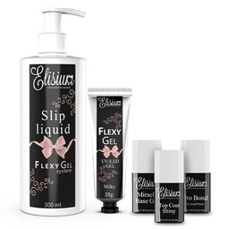 Elisium Zestaw startowy do hybryd Pro Bond + Miracle Base Gel + FlexyGel Milky & Slip Liquid + Top Coat Shiny