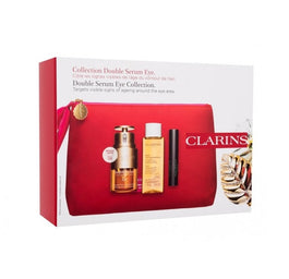 Clarins Double Serum Eye Collection zestaw Double Serum Eye serum pod oczy 20ml + Total Cleansing Oil olejek myjący do twarzy 50ml + Mini Supra Lift & Curl Mascara tusz do rzęs 8ml + kosmetyczka