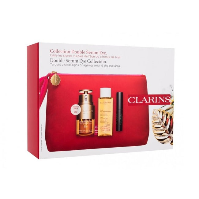 Clarins Double Serum Eye Collection zestaw Double Serum Eye serum pod oczy 20ml + Total Cleansing Oil olejek myjący do twarzy 50ml + Mini Supra Lift & Curl Mascara tusz do rzęs 8ml + kosmetyczka