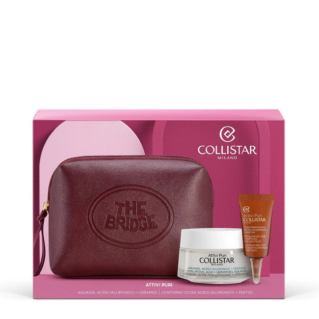 Collistar Attivi Puri zestaw wodny żel z kwasem hialuronowym i ceramidami 50ml + żel do skóry wokół oczu z kwasem hialuronowym i peptydami 5ml + próbka kropli samoopalających + kosmetyczka