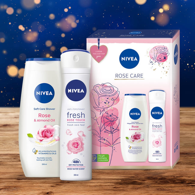Nivea Rose Care zestaw Rose & Almond Oil żel pod prysznic 250ml + Fresh Rose Touch antyperspirant w sprayu 150ml