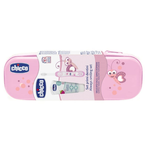 Chicco Always Smiling Set zestaw pasta z fluorem + szczoteczka do zębów + etui 1-5l Różowy