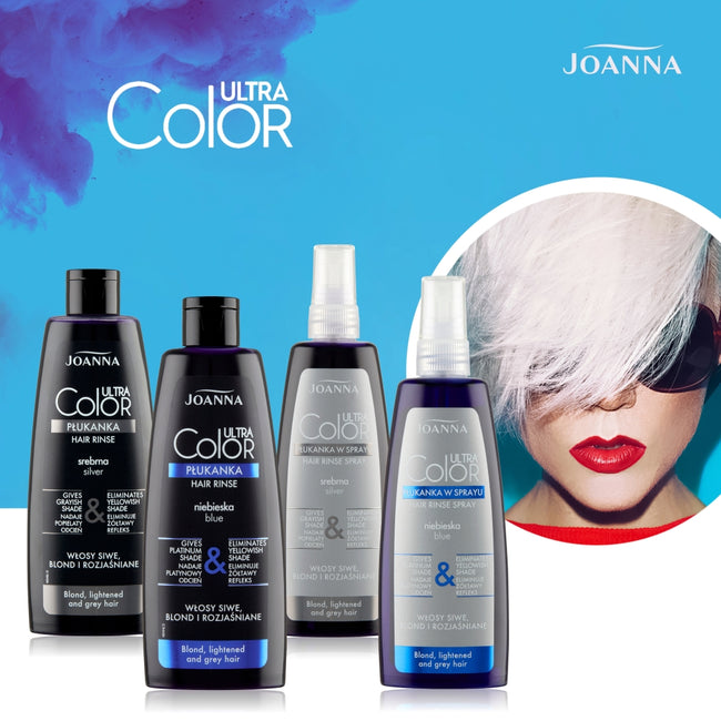 Joanna Ultra Color System płukanka w sprayu do siwych blond i rozjaśnianych włosów nadająca platynowy odcień Niebieska 150ml