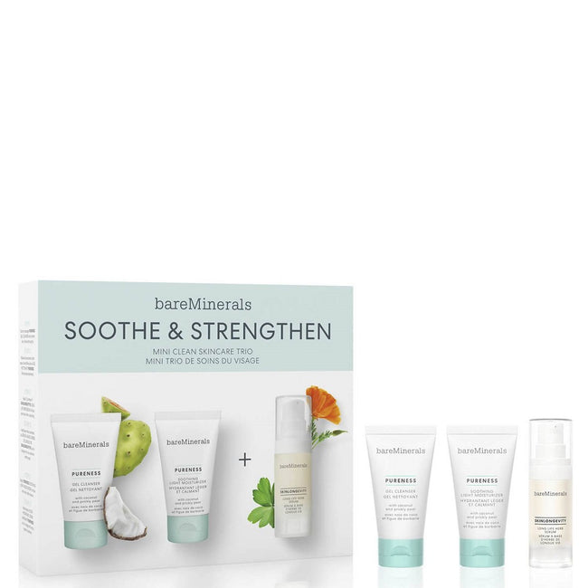 bareMinerals Soothe & Strengthen Mini Clean Skincare Trio zestaw żel do mycia twarzy 30ml + lekki krem nawilżający 30g + ziołowe serum do twarzy 15ml