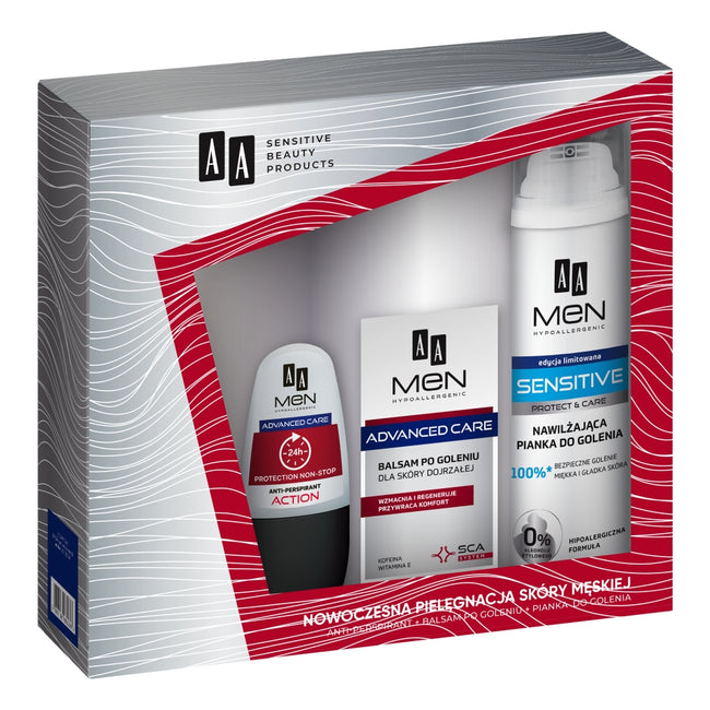 AA Men Advanced Care zestaw pianka do golenia nawilżająca dla skóry bardzo wrażliwej Sensitive 250ml + balsam po goleniu dla skóry dojrzałej 100ml + antyperspirant w kulce Action 50ml