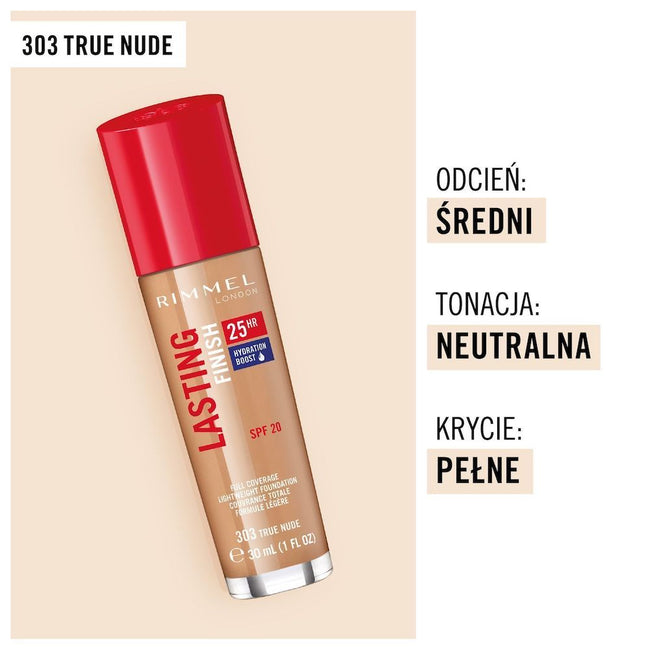 Rimmel Lasting Finish 25HR With Comfort Serum SPF20 długotrwały podkład z serum nawilżającym 303 True Nude 30ml