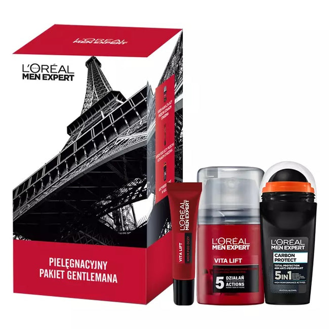 L'Oreal Paris Men Expert Vita Lift zestaw krem nawilżający przeciw oznakom starzenia 50ml + krem pod oczy przeciw oznakom starzenia 15ml + Carbon Protect antyperspirant w kulce 50ml
