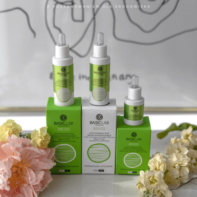 BasicLab Esteticus antyoksydacyjne serum wyrównujące z wit. C 20% prebiotykiem i kompleksem peptydów 30ml