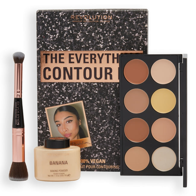 Makeup Revolution The Everything Contour Kit zestaw Baking Powder puder sypki Banana 32g + Ultra Cream Contour Palette paletka rozświetlaczy i bronzerów 13g + Double Ended Contour Brush dwustronny pędzel do konturowania