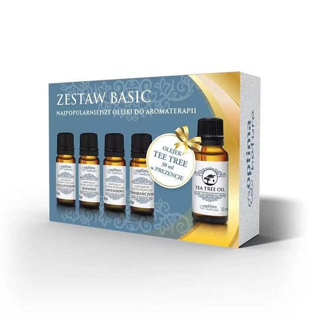 Optima Natura Basic zestaw olejek eteryczny Eukaliptusowy 10ml + olejek eteryczny Sosnowy 10ml + olejek eteryczny Lawendowy 10ml + olejek eteryczny Pomarańczowy 10ml + olejek eteryczny Drzewo Herbaciane 30ml