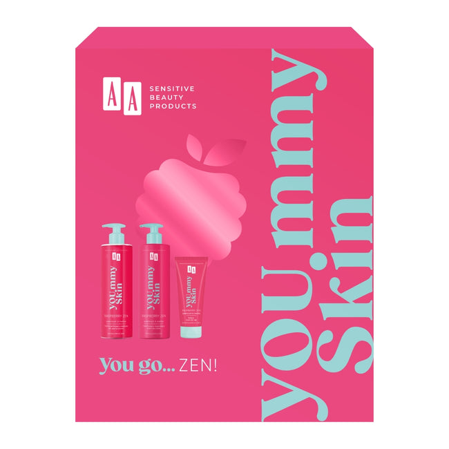 AA You.mmy Skin Raspberry Zen zestaw multinawilżający olejkowy żel pod prysznic 400ml + nawilżająco-łagodzący krem do ciała 400ml + odżywczy krem do rąk 75ml
