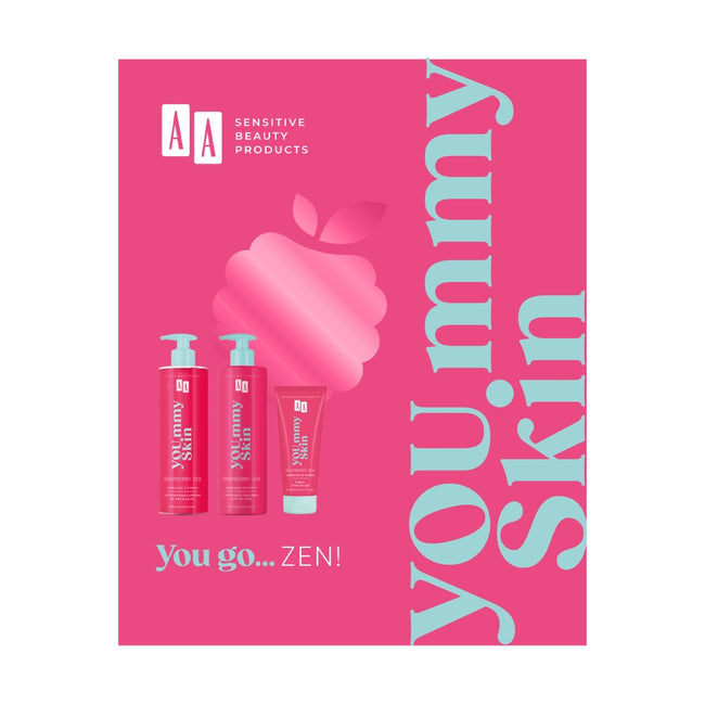 AA You.mmy Skin Raspberry Zen zestaw multinawilżający olejkowy żel pod prysznic 400ml + nawilżająco-łagodzący krem do ciała 400ml + odżywczy krem do rąk 75ml
