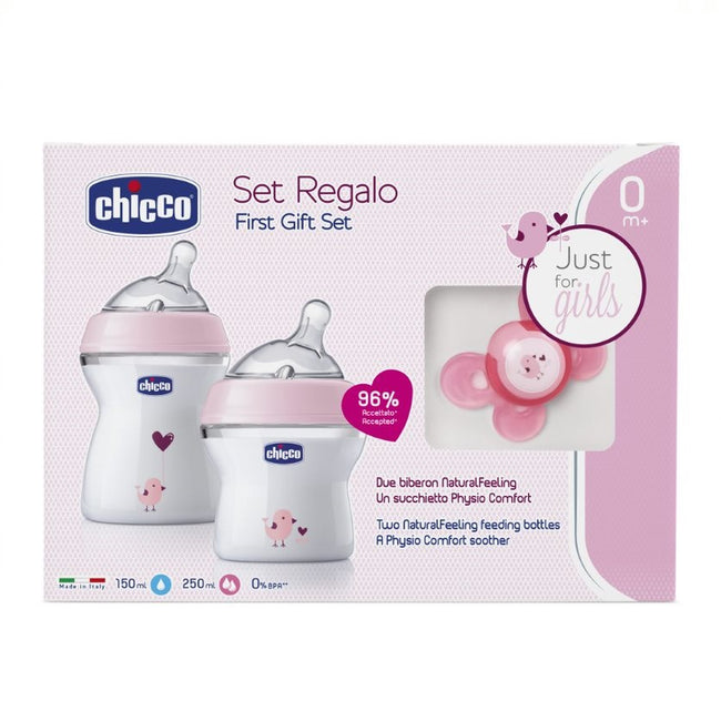 Chicco NaturalFeeling zestaw do karmienia butelka 150ml 0m+ + butelka 250ml 2m+ + smoczek PhysioForma Comfort 0m+ Różowy