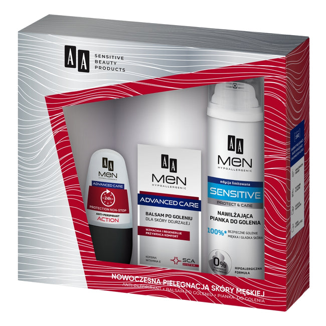AA Men Advanced Care zestaw pianka do golenia nawilżająca dla skóry bardzo wrażliwej Sensitive 250ml + balsam po goleniu dla skóry dojrzałej 100ml + antyperspirant w kulce Action 50ml