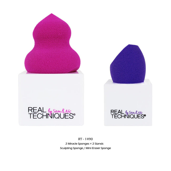 Real Techniques 2 Miracle Sponges + 2 Stands zestaw gąbeczki do makijażu x2 + stojaki na gąbeczki x2