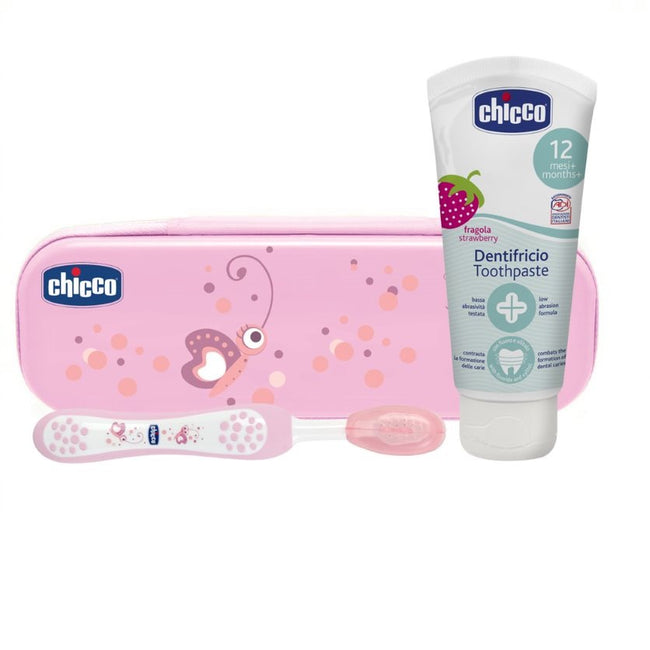 Chicco Always Smiling Set zestaw pasta z fluorem + szczoteczka do zębów + etui 1-5l Różowy