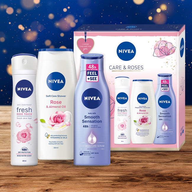 Nivea Care & Roses zestaw Fresh Rose Touch antyperspirant spray 150ml + Rose & Almond Oil żel pod prysznic 250ml + wygładzające mleczko do ciała 250ml