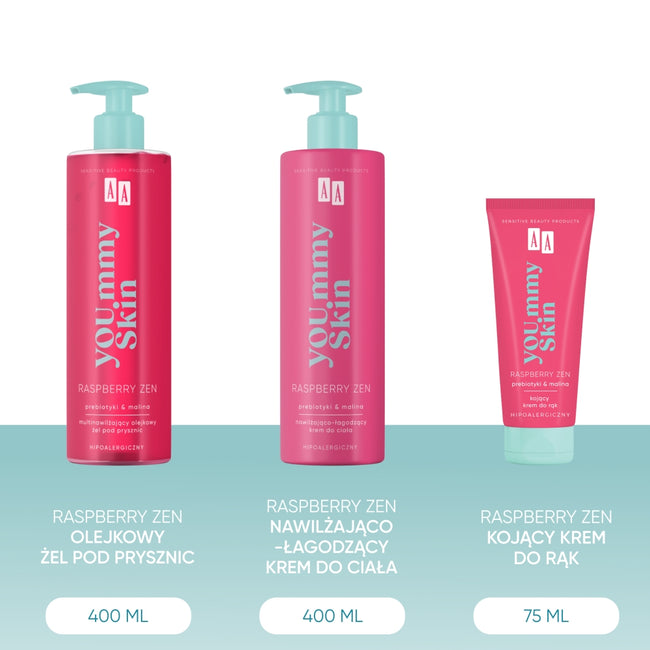 AA You.mmy Skin Raspberry Zen zestaw multinawilżający olejkowy żel pod prysznic 400ml + nawilżająco-łagodzący krem do ciała 400ml + odżywczy krem do rąk 75ml