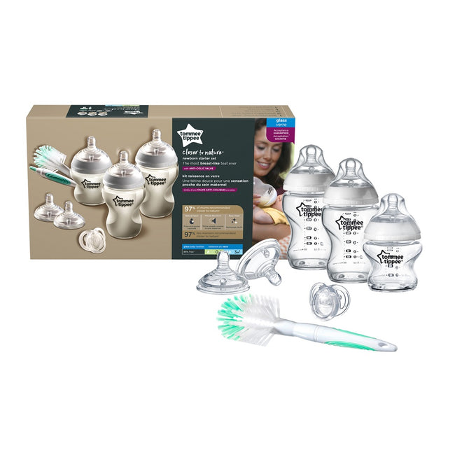 Tommee Tippee Closer To Nature zestaw startowy dla noworodka butelka szklana 150ml + butelka szklana 260ml 2szt + szczotka do butelek + smoczek 0-6m + smoczek do butelki o średnim przepływie 2szt