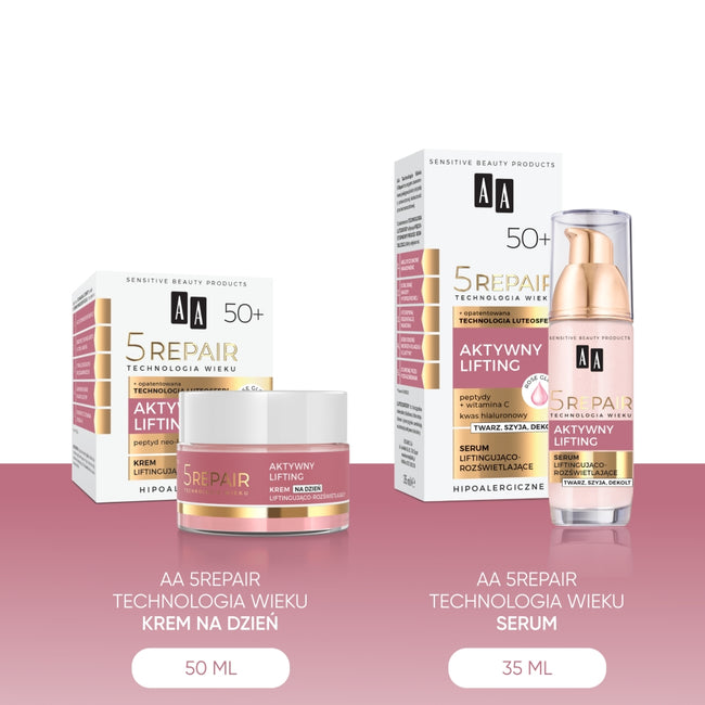 AA Technologia Wieku 5Repair 50+ Aktywny Lifting zestaw krem na dzień liftingująco-rozświetlający 50ml + serum liftingująco-rozświetlające 35ml