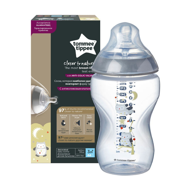 Tommee Tippee Closer To Nature Butelka do karmienia ze smoczkiem silikonowym 3m+ Sowa 340ml