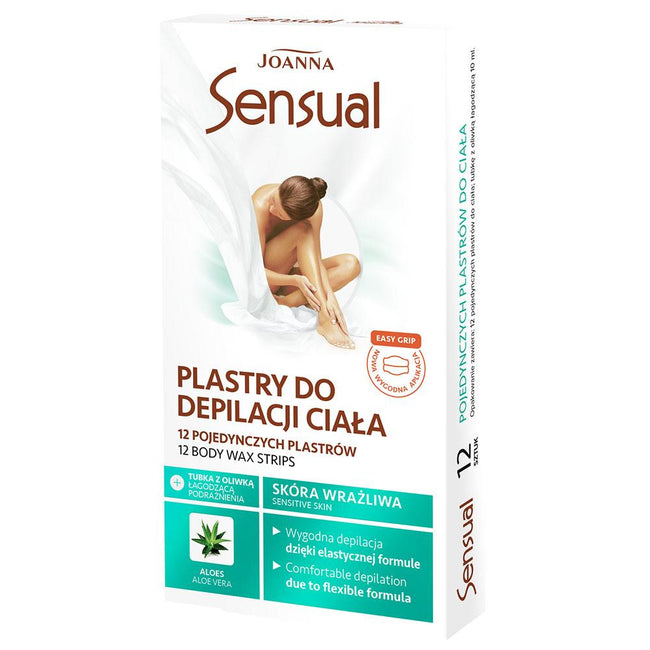 Joanna Sensual plastry do depilacji ciała Aloes 12szt + tubka z oliwką łagodzącą podrażnienia 10ml