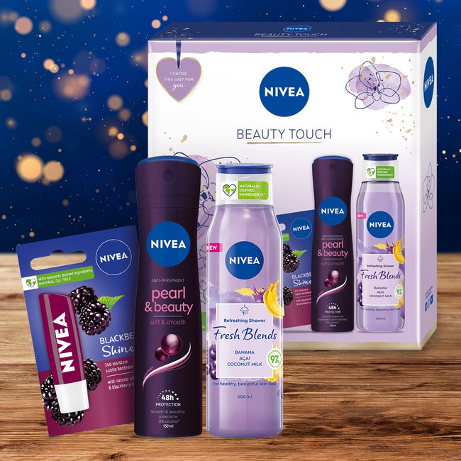 Nivea Beauty Touch zestaw Fresh Blends Banan i Acai żel pod prysznic 300ml + Pearl & Beauty Black Pearl antyperspirant spray 150ml + Blackberry Shine pomadka do ust 4.8g