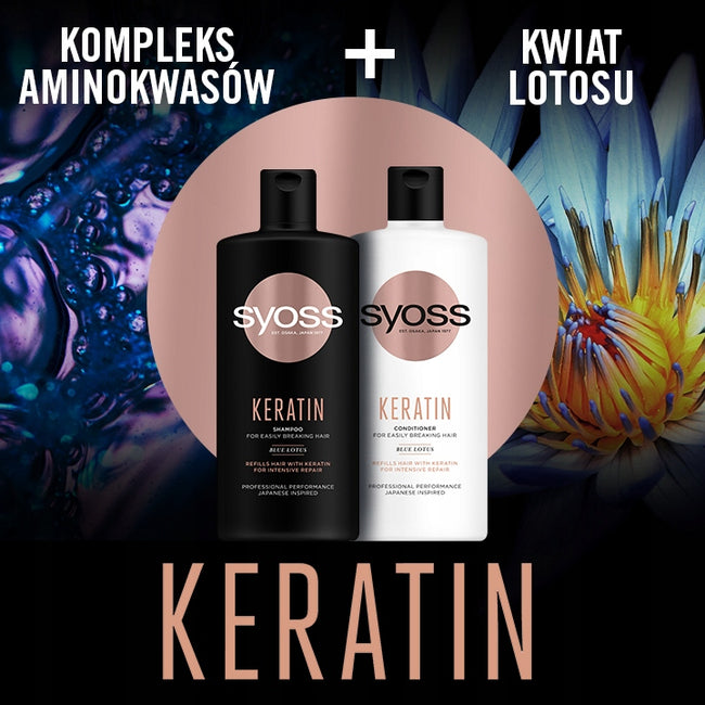 Syoss Keratin zestaw szampon do włosów słabych i łamliwych 440ml + odżywka do włosów słabych i łamliwych 440ml + kompaktowa szczotka do włosów