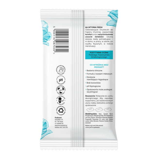 AA Fresh delikatne chusteczki do higieny intymnej skuteczne odświeżenie i nawilżenie 15szt