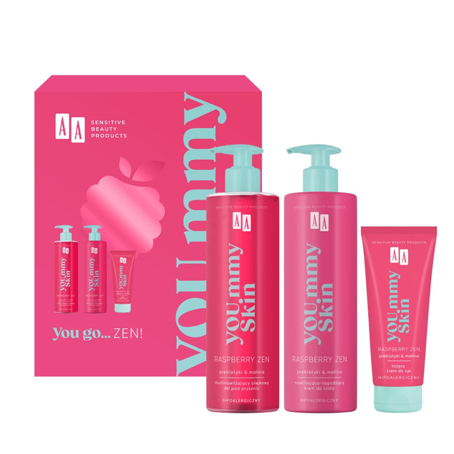 AA You.mmy Skin Raspberry Zen zestaw multinawilżający olejkowy żel pod prysznic 400ml + nawilżająco-łagodzący krem do ciała 400ml + odżywczy krem do rąk 75ml