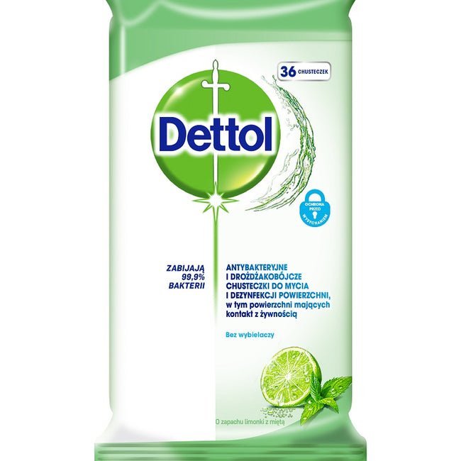 Dettol Antybakteryjne i drożdżakobójcze chusteczki do mycia i dezynfekcji powierzchni Limonka & Mięta 36szt