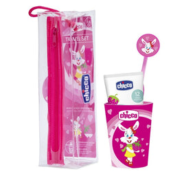 Chicco Travel Set zestaw podróżny do mycia zębów pasta + szczoteczka + kubek + etui 3-6l Różowy