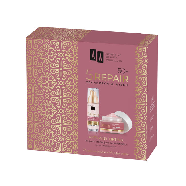 AA Technologia Wieku 5Repair 50+ Aktywny Lifting zestaw krem na dzień liftingująco-rozświetlający 50ml + serum liftingująco-rozświetlające 35ml