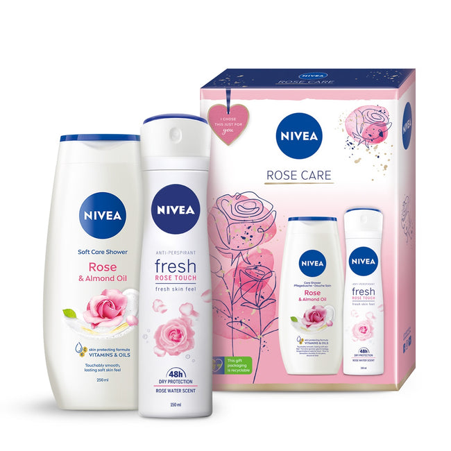 Nivea Rose Care zestaw Rose & Almond Oil żel pod prysznic 250ml + Fresh Rose Touch antyperspirant w sprayu 150ml
