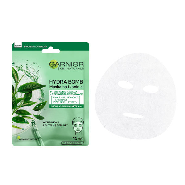 Garnier Hydra Bomb przywracająca równowagę maska na tkaninie z ekstraktem z zielonej herbaty i kwasem hialuronowym 28g