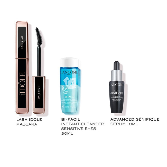 Lancome Lash Idole Mascara Gift Set zestaw tusz do rzęs 01 Glossy Black 8ml + płyn do demakijażu oczu 30ml + serum do twarzy 10ml
