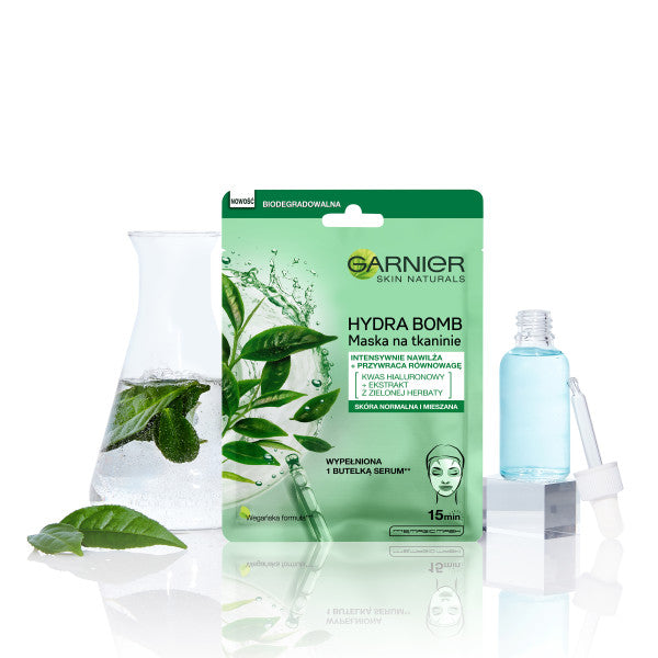 Garnier Hydra Bomb przywracająca równowagę maska na tkaninie z ekstraktem z zielonej herbaty i kwasem hialuronowym 28g