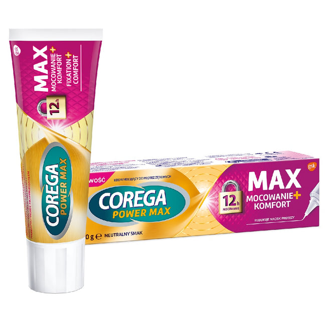 Corega Power Max Mocowanie + Komfort krem mocujący do protez zębowych o neutralnym smaku 40g