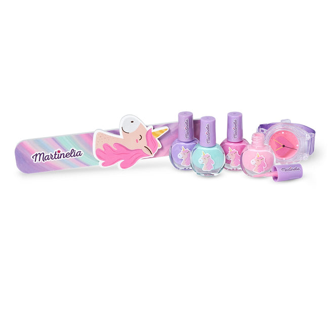 Martinelia Little Unicorn Watch&Manicure zestaw lakier do paznokci 4szt + pilniczek + zegarek z błyszczykiem do ust